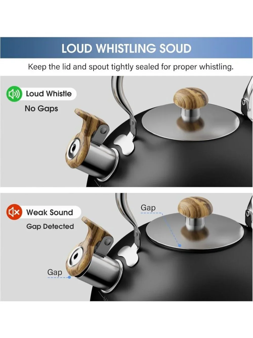 Black Kitchen Whistling Tea Kettle 2.6 Quart Stainless Steel Stovetop Induction